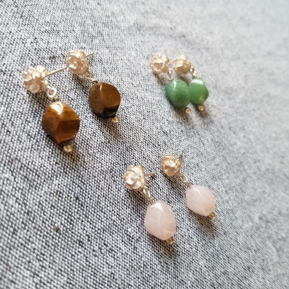 Set of three gemstone Sterling Silver earrings, rose quartz, tiger eye, agate
